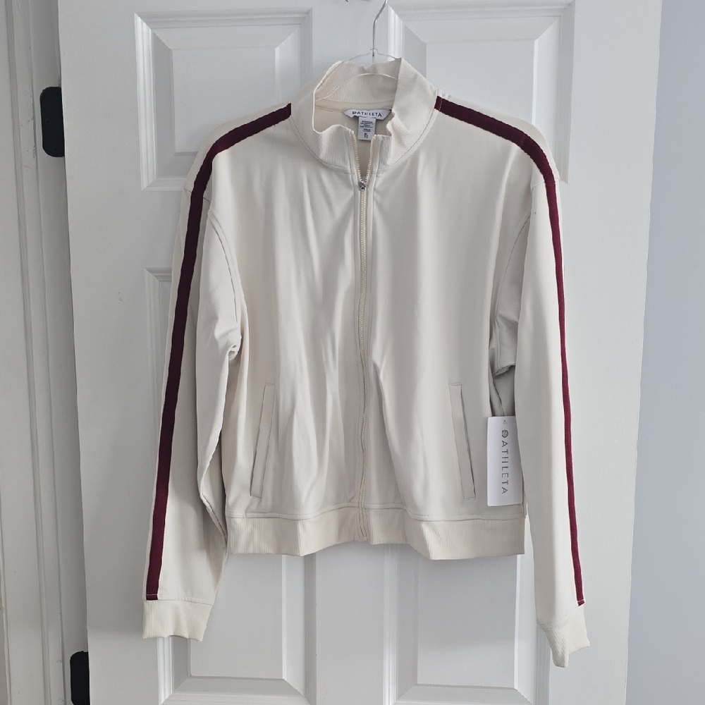Athleta Cream Bomber Jacket with Burgundy Stripes